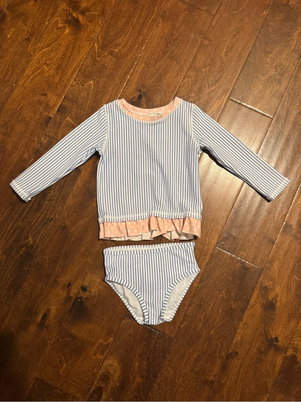 Ruffle Butts Blue and White Striped Girls Rash Guard Bikini with Pink Trim